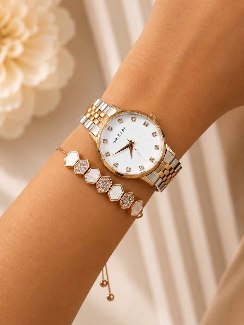 BELLS & BOLD Women Luxury Analog Watch & Bracelet Set | Platinum-Tone Mesh Strap | White Dial | Crystal Hour Markers | Quartz Analog Display | Round Case | Adjustable Mesh Band | Refined Wrist Accessory